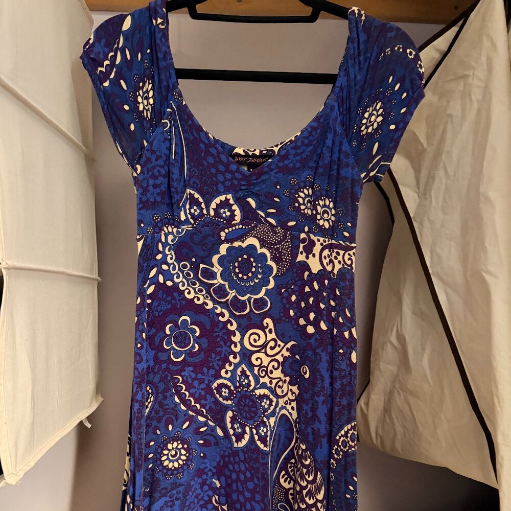 Adorable Betsey Johnson Blue Paisley Floral Ruffle Hem Dress – Size S